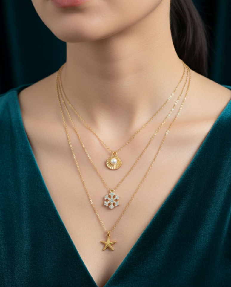 3’lü Kombin Kolye Seti - Altın Kaplama İncili İstiridye, Zirkon Taşlı Kar Tanesi ve Deniz Yıldızı Kolye Uçlu Zincir