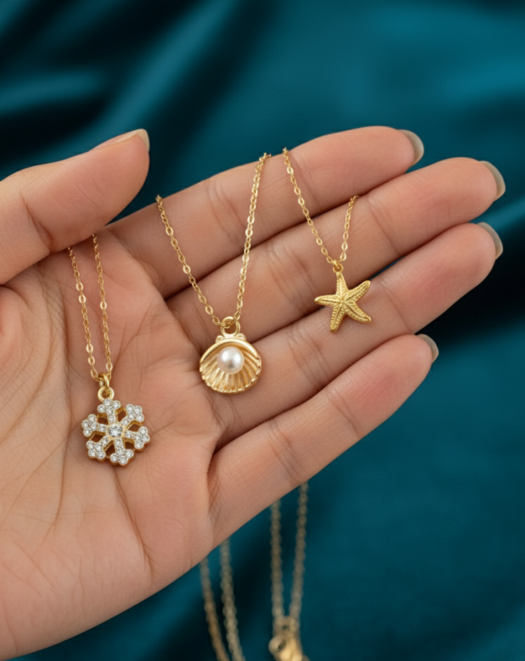 3’lü Kombin Kolye Seti - Altın Kaplama İncili İstiridye, Zirkon Taşlı Kar Tanesi ve Deniz Yıldızı Kolye Uçlu Zincir