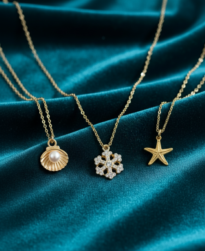 3’lü Kombin Kolye Seti - Altın Kaplama İncili İstiridye, Zirkon Taşlı Kar Tanesi ve Deniz Yıldızı Kolye Uçlu Zincir