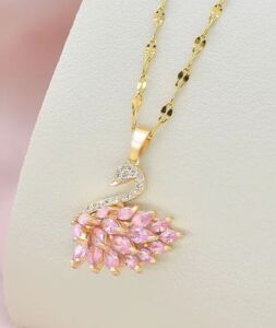Çelik Pembe Taşlı Zarif Kuğu Kolye - Işıltılı Swarovski Tarzı Bayan Kolye