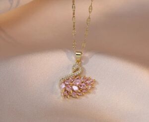Çelik Pembe Taşlı Zarif Kuğu Kolye - Işıltılı Swarovski Tarzı Bayan Kolye