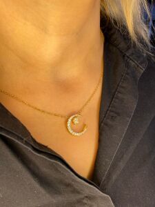 Zirkon Taşlı Çelik Hilal ve Yıldız Kolye - Şık Ay Yıldız Tasarım