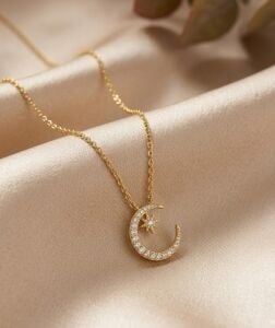 Zirkon Taşlı Çelik Hilal ve Yıldız Kolye - Şık Ay Yıldız Tasarım