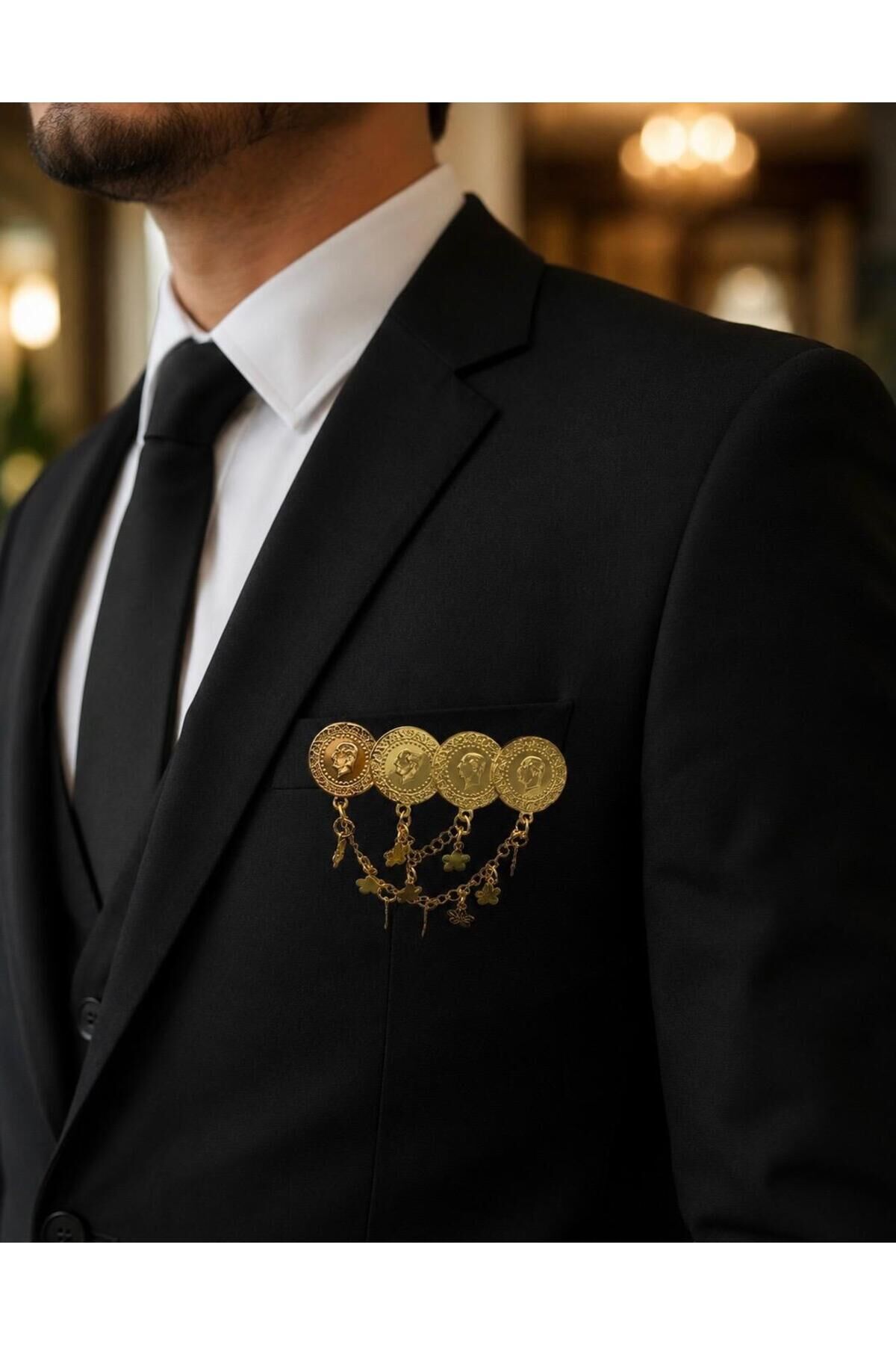 Gold Renk Kaplama 4 Çeyrek Zincirli Yaka Broşu - Erkek Kadın Gömlek Ceket Yaka İğnesi Aksesuarı