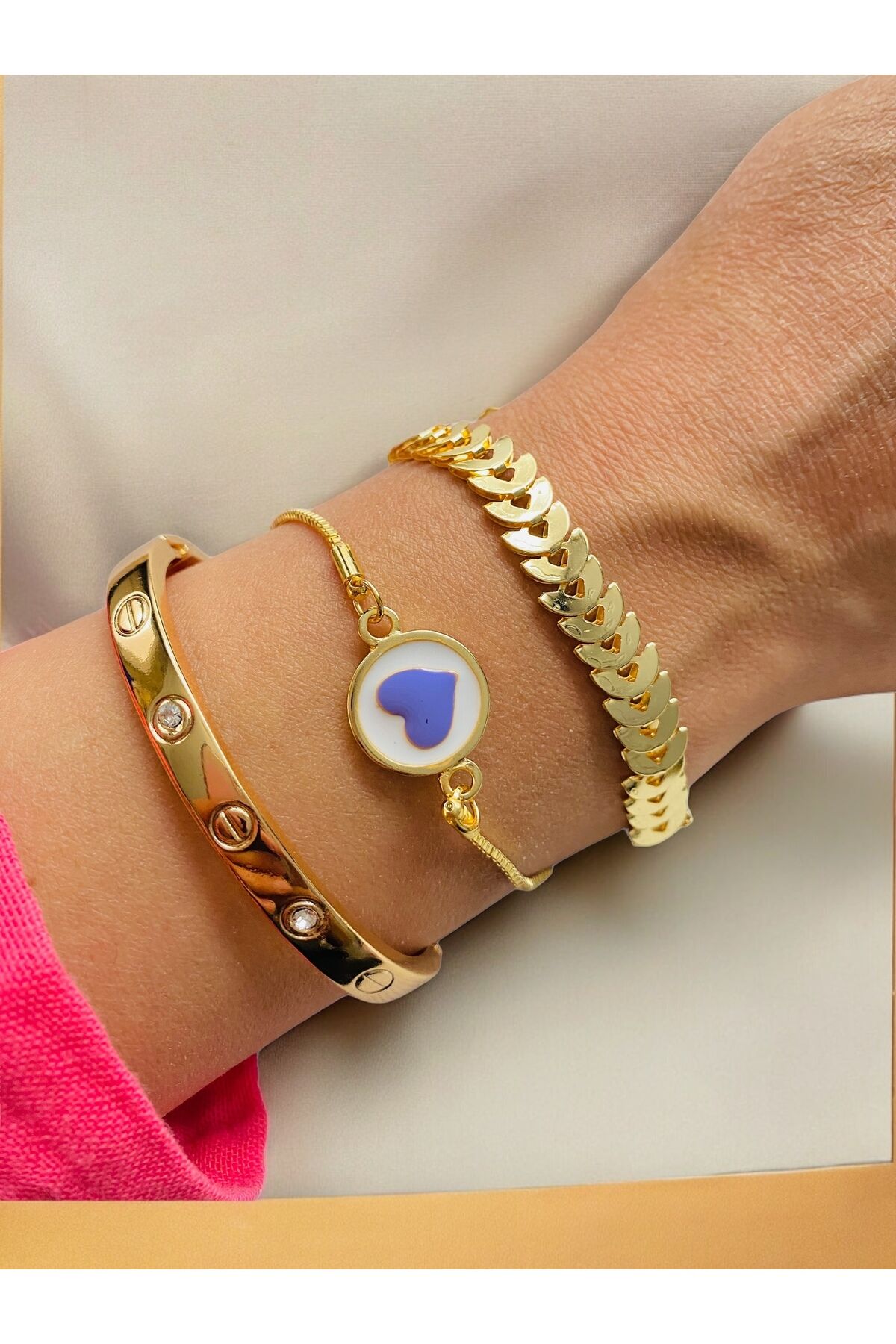 Altın Kaplama 3 lü Kombin Bileklik Seti Gold Renk Kadın Zincir Bilezik Künye Asansör Pandora