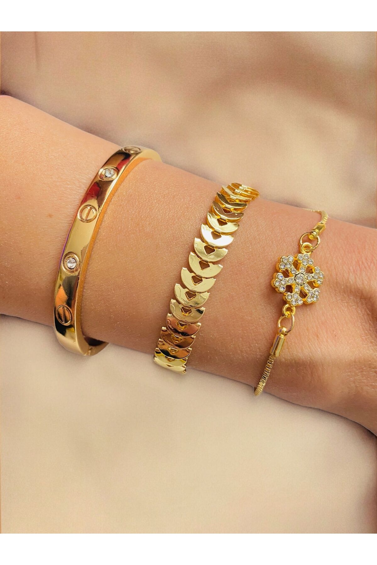 Altın Kaplama 3 lü Kombin Bileklik Seti Gold Renk Kadın Zincir Bilezik Künye Asansör Pandora