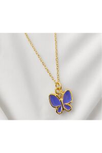 Mavi Kelebek Kolye Gold Renk butterfly Kolye Altın renk Kadın Zincir Kolye  45 cm
