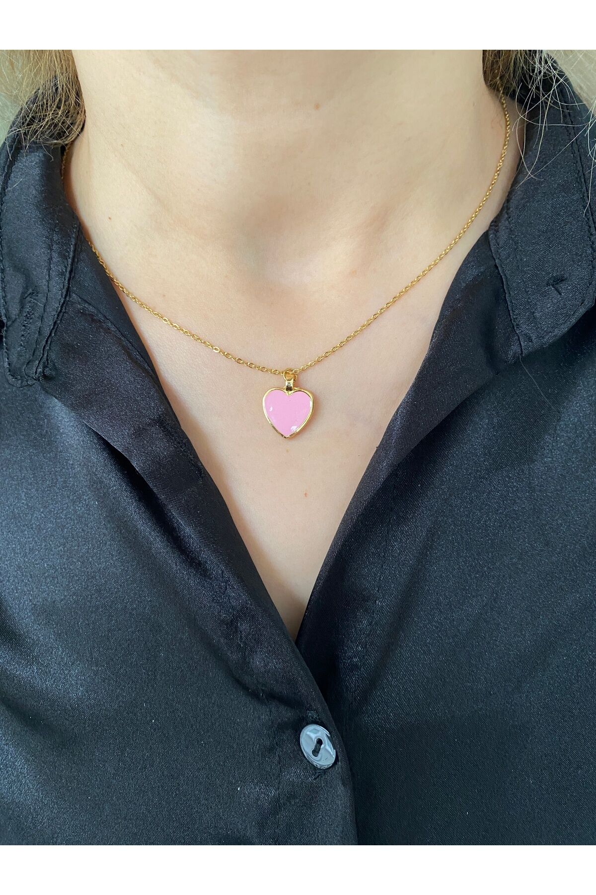 Çelik Kolye Pembe Kalp Çok Kararmaz Paslanmaz Çelik Garantili