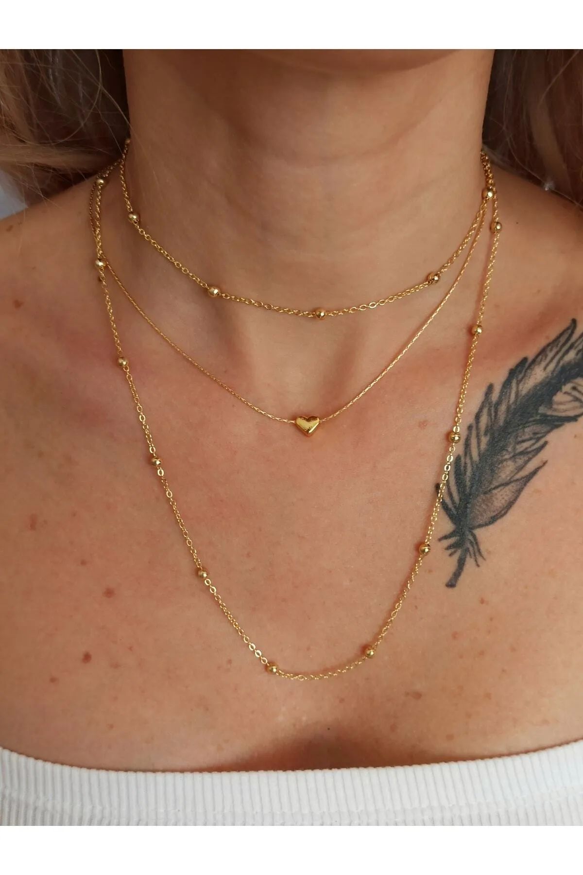 3 lü Kolye Set Kalp Figürlü Kolye Gold Renk 3 Ayrı Boyda Kolye Setten Oluşur